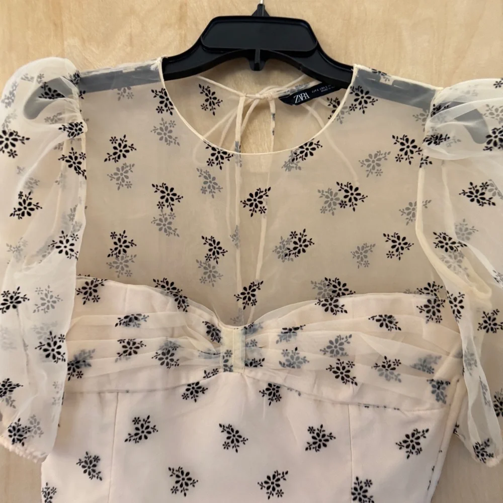 Zara Sheer Puff-Sleeve Floral Appliqué Top in Cream and Black